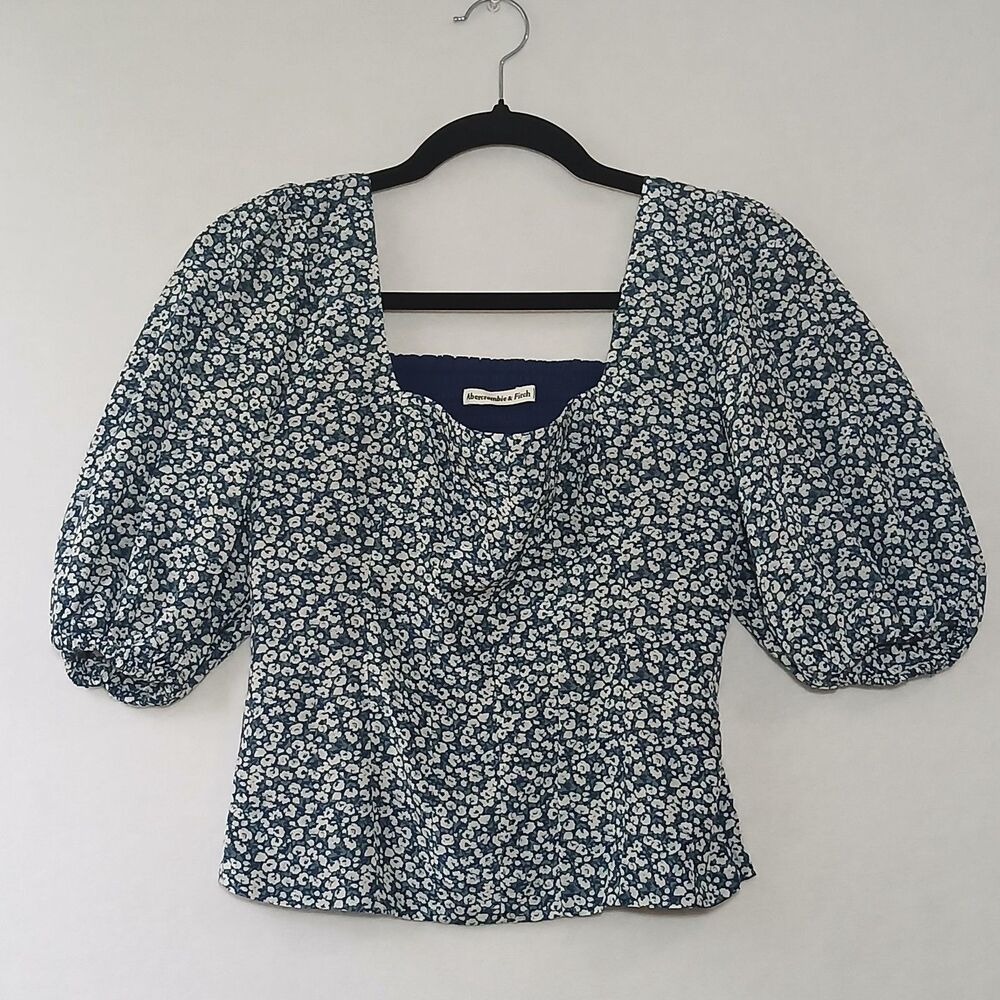 Abercrombie & Fitch Blue Floral Print Top Puff Short Sleeve Women XS Summer #906
